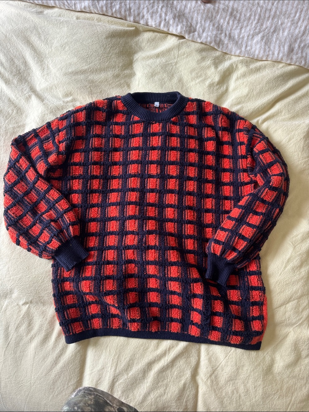 Amazon Women's Orange and Navy Grid Crewneck Sweater
